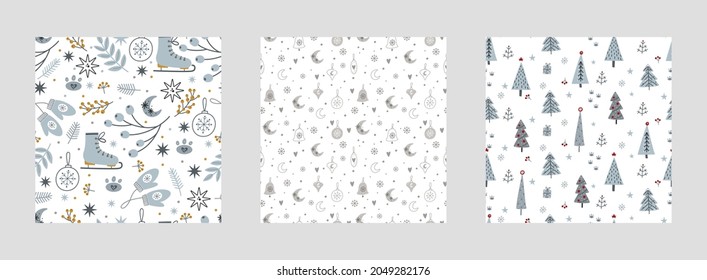 Collection of Seamless Christmas and New Year patterns with winter elements. Vector illustration.
