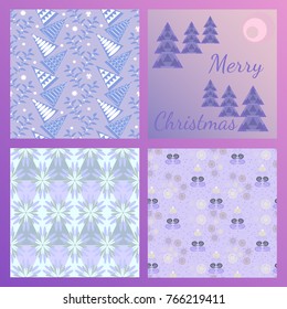 Collection of seamless Christmas patterns  and card with traditional winter symbols. Pink, violet, blue.Text Merry Christmas.For festive design, announcements, greeting cards, posters, advertisement.
