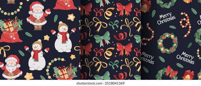 Colección de patrones de Navidades sin costuras con lindo Santa, muñeco de nieve y regalos en estilo plano. Fondo de Festiva con Elementos de Navidades. Textura de la historieta para la tela, Fondo de pantalla, papel de embalaje