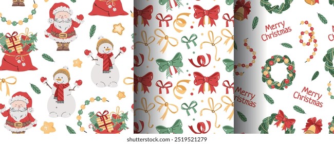 Collection of Seamless Christmas patterns with cute Santa, snowman and gifts in flat style. Holiday background with Christmas elements. Cartoon texture for fabric, wallpaper, wrapping paper