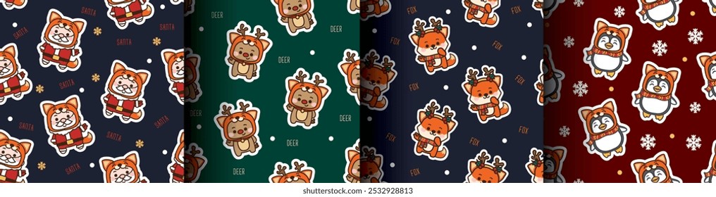 Collection of seamless Christmas patterns with Cute Santa, fox, penguin and deer cosplay fox in flat style