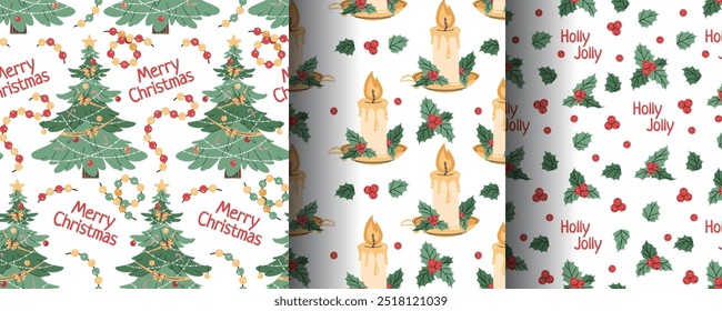 Collection of seamless Christmas patterns with fir tree, candle, oak in flat style. Holiday background with natural Christmas elements. Cartoon texture for fabric, wallpaper, wrapping paper