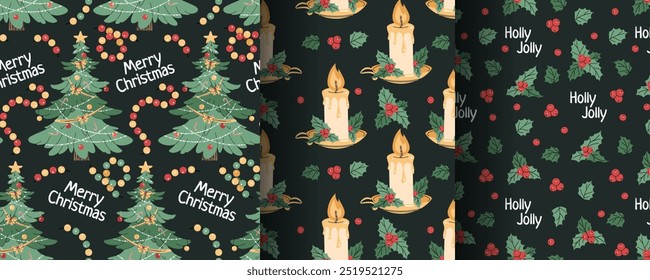 Collection of seamless Christmas patterns with fir tree, candle, oak in flat style. Holiday background with natural Christmas elements. Cartoon texture for fabric, wallpaper, wrapping paper