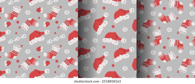 Collection of seamless Christmas patterns with Santa hat, sock and mittens in flat style. Holiday background with Christmas elements. Cartoon texture for fabric, wallpaper, wrapping paper.