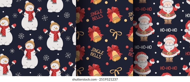 Collection of seamless Christmas patterns with Santa, snowman and bell in flat style. Holiday background with Christmas elements. Cartoon texture for fabric, wallpaper, wrapping paper.