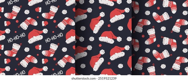 Collection of seamless Christmas patterns with Santa hat, sock and mittens in flat style. Holiday background with Christmas elements. Cartoon texture for fabric, wallpaper, wrapping paper.