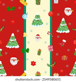 Collection of seamless Christmas patterns with Santa, snow and bells in flat style. Holiday background with Christmas elements Cartoon texture for fabric, wallpaper, wrapping paper.