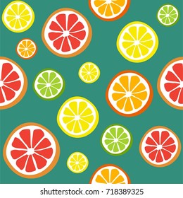Collection seamless of citrus slices - orange, lemon, lime and grapefruit, icons set, colorful isolated on white background, vector seamless illustration