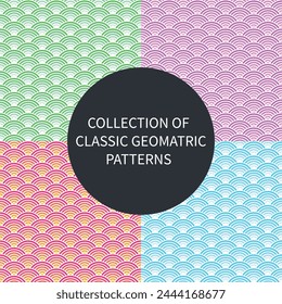 Colección de patrón geométrico clásico sin costuras, diseño japonés antiguo y patrones de escala de peces.