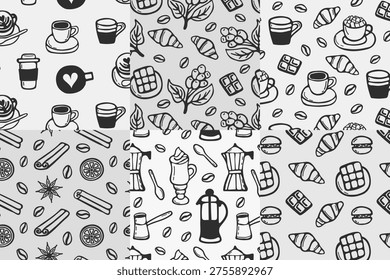 Collection of seamless coffee patterns in hand drawn doodle style with cups, beans, desserts and brewing tools. Cozy cafe themed backgrounds perfect for packaging, textile, menu and branding.