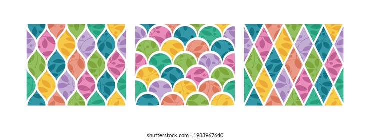 A collection of seamless colored prints. Geometric pattern, with floral print