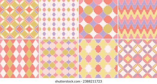 Collection of seamless colorful geometric ornament patterns. Bright festive backgrounds. Mosaic endless textures. Decorative symmetry prints