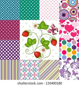 Collection seamless colorful patterns with polka dots and strips and floral (vector EPS10)