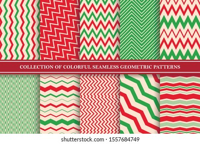 Collection of seamless colorful zigzag patterns. Bright striped retro backgrounds - vintage style. Endless creative linear textures. Can be used as wrapping paper, covers, wallpaper and etc.