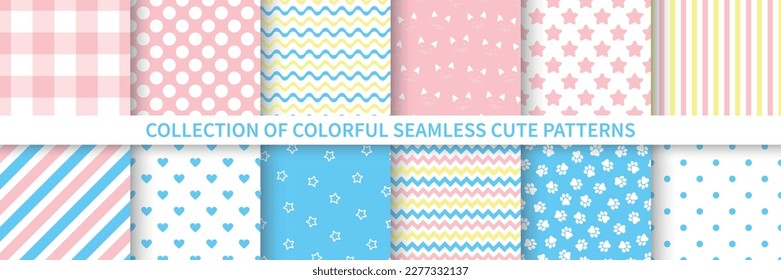 Collection of seamless cute patterns - delicate colorful design. Cartoon endless children prints. Repeatable unusual textile backgrounds