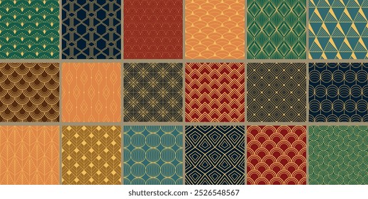 Coleção de padrões de cores decorativos sem costura - design ornamental geométrico. Repetível retro elegantes fundos. Simetria vintage impressões infinitas