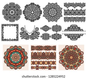 collection of seamless decorative ethnic ornamental floral stripes, circle lace and bandanna embroidery fashion, vector illustration set