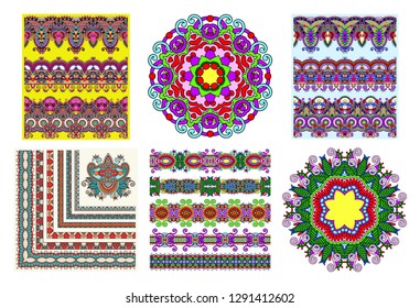 collection of seamless decorative ethnic ornamental floral stripes, circle lace and bandanna embroidery fashion in indian kalamkari style, vector illustration set