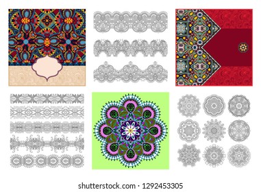 collection of seamless decorative ethnic ornamental floral stripes, circle lace and bandanna embroidery fashion in indian kalamkari style, vector illustration set