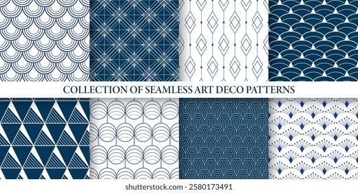 Collection of seamless decorative geometric patterns - ornamental elegant design. Blue and white vintage repeatable backgrounds. Symmetry endless prints