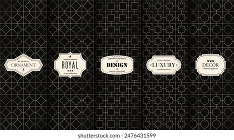 Collection of seamless decorative luxury geometric patterns - outline art deco rich design. Repeatable ornamental elegant backgrounds. Symmetry endless fabric prints