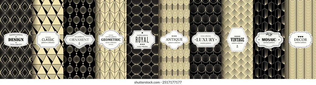 Coleção de padrões geométricos decorativos de luxo sem costura - design art deco. Fundo elegante ornamental repetível. Simetria infinitas impressões vintage