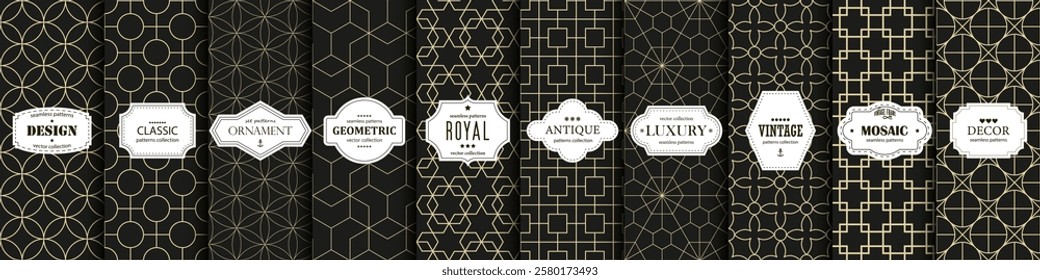 Collection of seamless decorative luxury geometric patterns - art deco design. Repeatable ornamental elegant backgrounds. Symmetry endless vintage prints