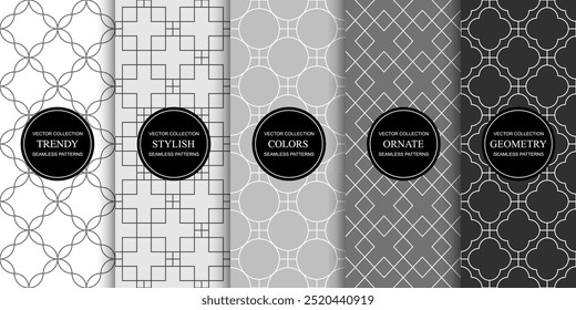 Coleção de padrões monocromáticos decorativos sem costura - design ornamental geométrico. Fundos elegantes brancos e cinzentos repetíveis. Simetria de impressões infinitas