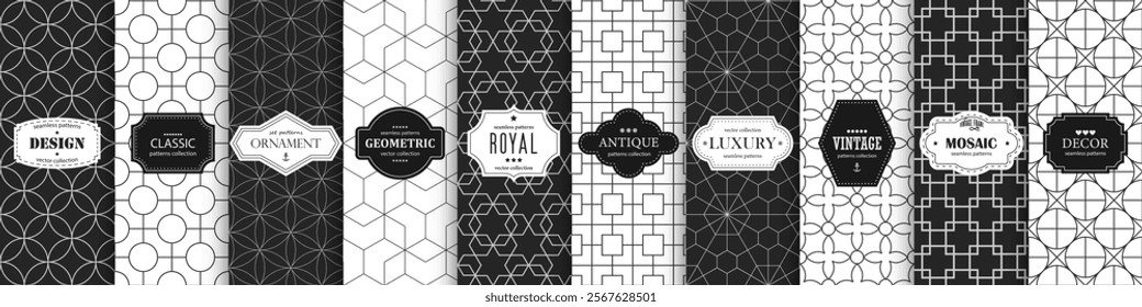 Collection of seamless decorative monochrome patterns - geometric ornamental design. Repeatable black and white elegant backgrounds. Symmetry endless prints