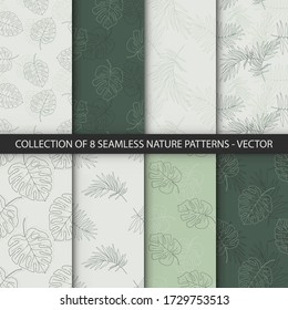 Collection of seamless delicate tropical patterns. Summer exotic jungle plant palm leaves. Floral vector textures in green pastel colors. Nature wallpaper.
