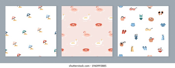 Collection of seamless designs with summer icons. Trendy patterns with simple colorful illustrations. Flat vector drawing