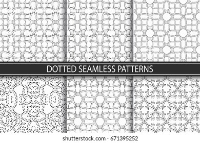 Collection of seamless dotted patterns, cards. Black and white mosaic repetitive textures.