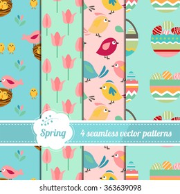 Collection of seamless easter patterns with stylized cute birds, eggs and tulips. Endless texture for your design, announcements, greeting cards, posters, advertisement.