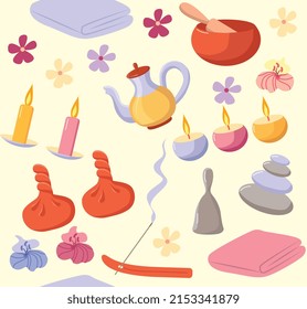  Colección sin fisuras de elementos para masaje y meditación. Conjunto de accesorios de salón de spa - piedras calientes, aceite de masaje, toallas enrolladas, ilustración vectorial de dibujos animados sobre fondo blanco. 