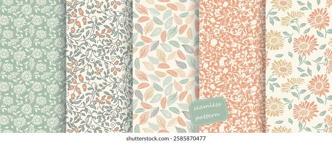 Collection of Seamless floral pattern in folk style with wildflowers, leaves. Victorian style. Hand drawn. Vector illustration