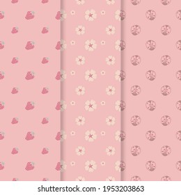 collection of seamless floral pattern in pink with ladybugs, cherry blossom and strawberries