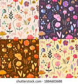 Colección de patrones florales sin fisuras para fondo, tela, papel envolvente. Ilustración vectorial con flores, hojas, palabras. Amor. Día de San Valentín, Día de la Madre