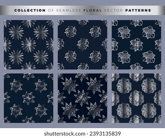 Sammlung nahtloser Blumenmuster. Elegantes Design für Verpackungen, Tapeten, Textilien, Verpackungspapier, Silber und Blau. Vektorgrafik.