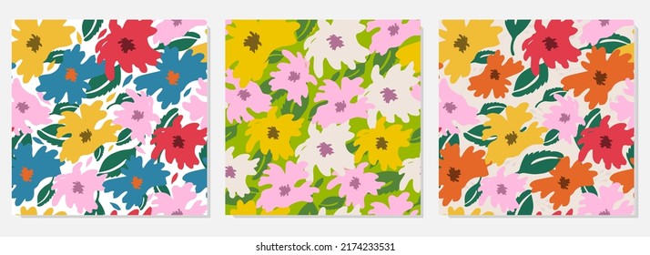 Collection Of Seamless Floral Patterns Field Of Dreams. Bright Colors, Original Ornament. Editable Design For Fabric, Digital Paper, Scrapbooking. Vector Hand Drawn Illustration