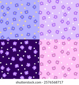 A collection of seamless floral patterns with polka dots in pastel purple, pink, and blue tones. Perfect for textiles, wrapping paper, and creative design projects.