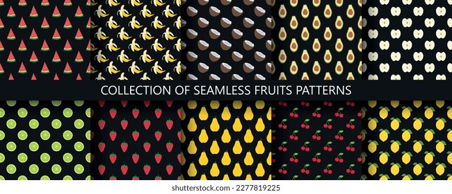 Collection of seamless fruits geometric patterns - hand drawn cartoon design. Repeatable summer nature backgrounds. Black endless creative prints. Vector illustration