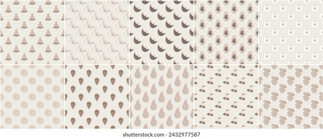 Colección de patrones geométricos de frutas sin costuras - dibujo a mano de dibujos animados de diseño simple. Fondos de naturaleza de verano repetibles. Estampados creativos beige sin fin. Ilustración de vector