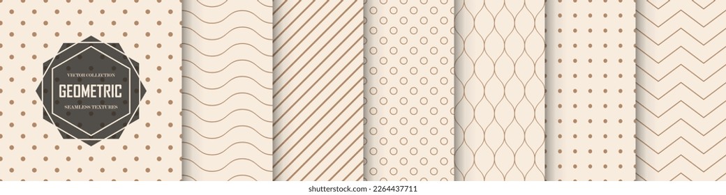 Collection of seamless geometric beige patterns. Vector minimalistic repeatable dotted and striped backgrounds. Textile endless prints.