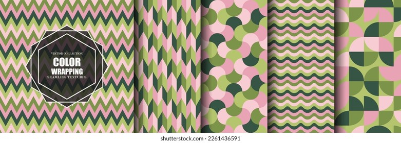 Sammlung nahtloser geometrischer Farbmuster. Vektorhintergrundbilder mit retro-wiederholbaren Hintergründen. Mosaik dekorative endlose Texturen. Trendfarbene Textilien und Verpackungsabdrücke.