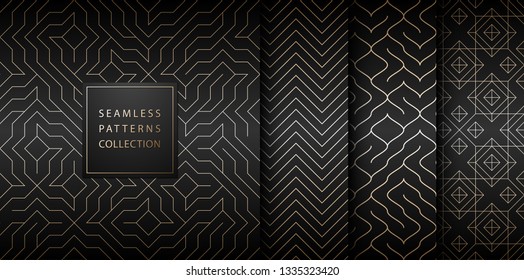 Collection of seamless geometric golden minimalistic patterns. Simple vector graphic black print background. Repeating line abstract texture set. Stylish trellis gold square. Geometry web page fill