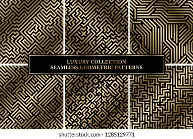 Collection of seamless geometric luxury patterns. Gold metallic design - creative striped vector backgrounds.