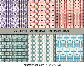 Collection of seamless geometric minimalistic pattern with circles and rectangle, vintage geometric pattern, retro pattern. Simple geometric texture.