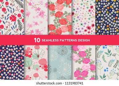 Collection of seamless geometric minimalistic patterns background with flower shape vector design.