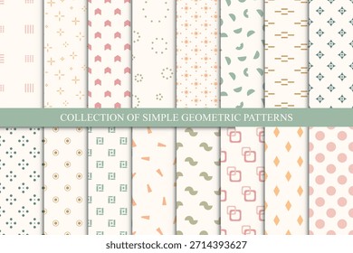 Colección de patrones minimalistas geométricos sin costuras. Delicados fondos simples repetibles de color con símbolos. Texturas pastel sin fin