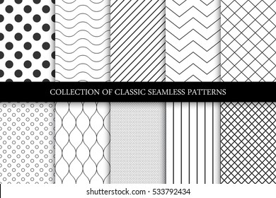 Collection of seamless geometric minimalistic patterns.
